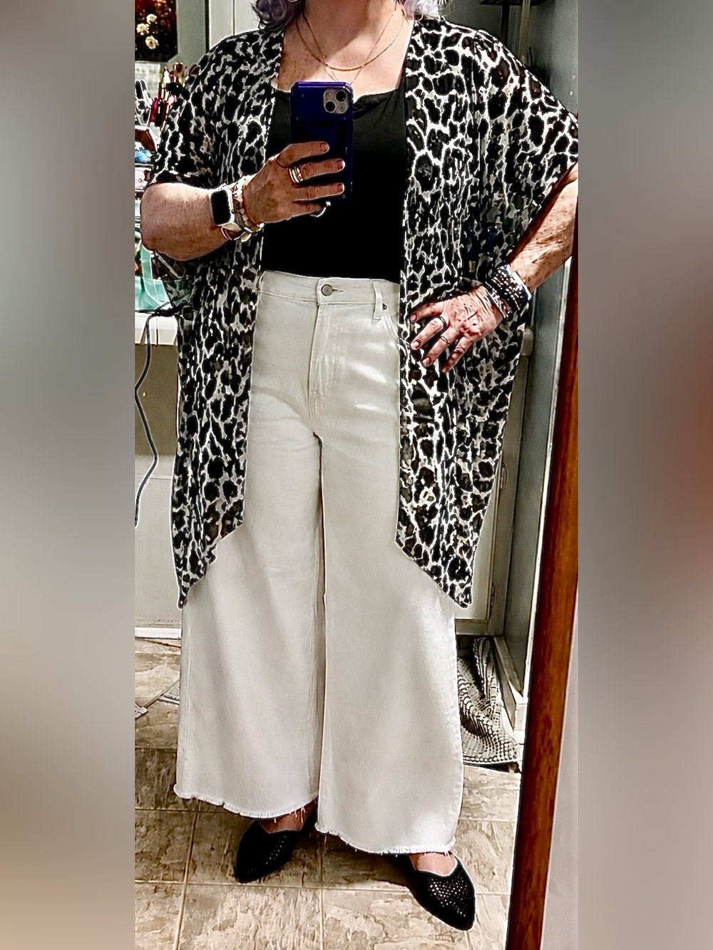 Kimono Black White Leopard Print One Size Frayed Hem Side Slit 100% Polyester